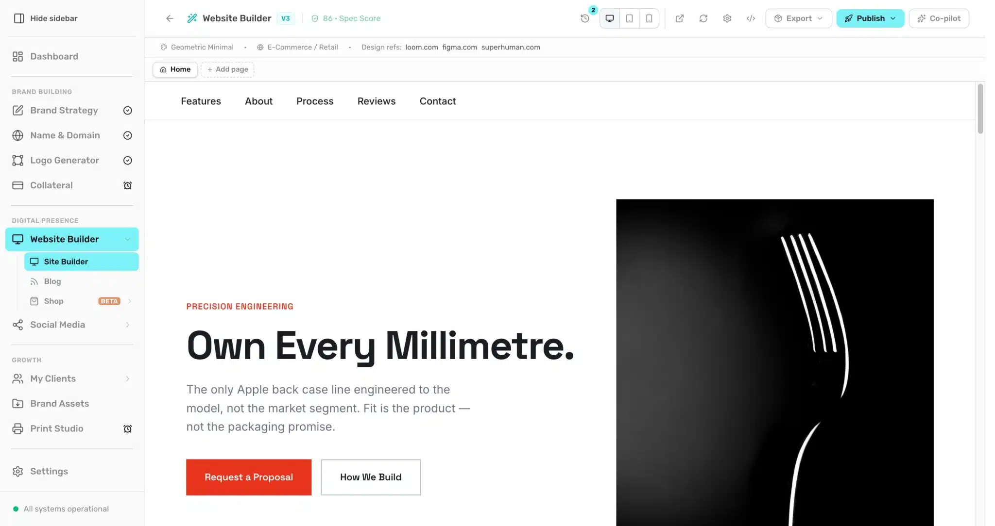 BrandForge website builder generating a complete on-brand website