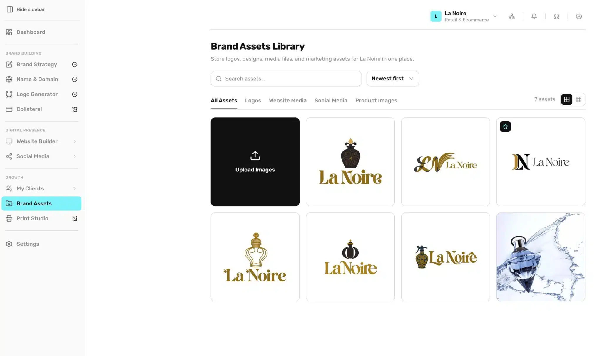 BrandForge brand assets library with logos and product imagery