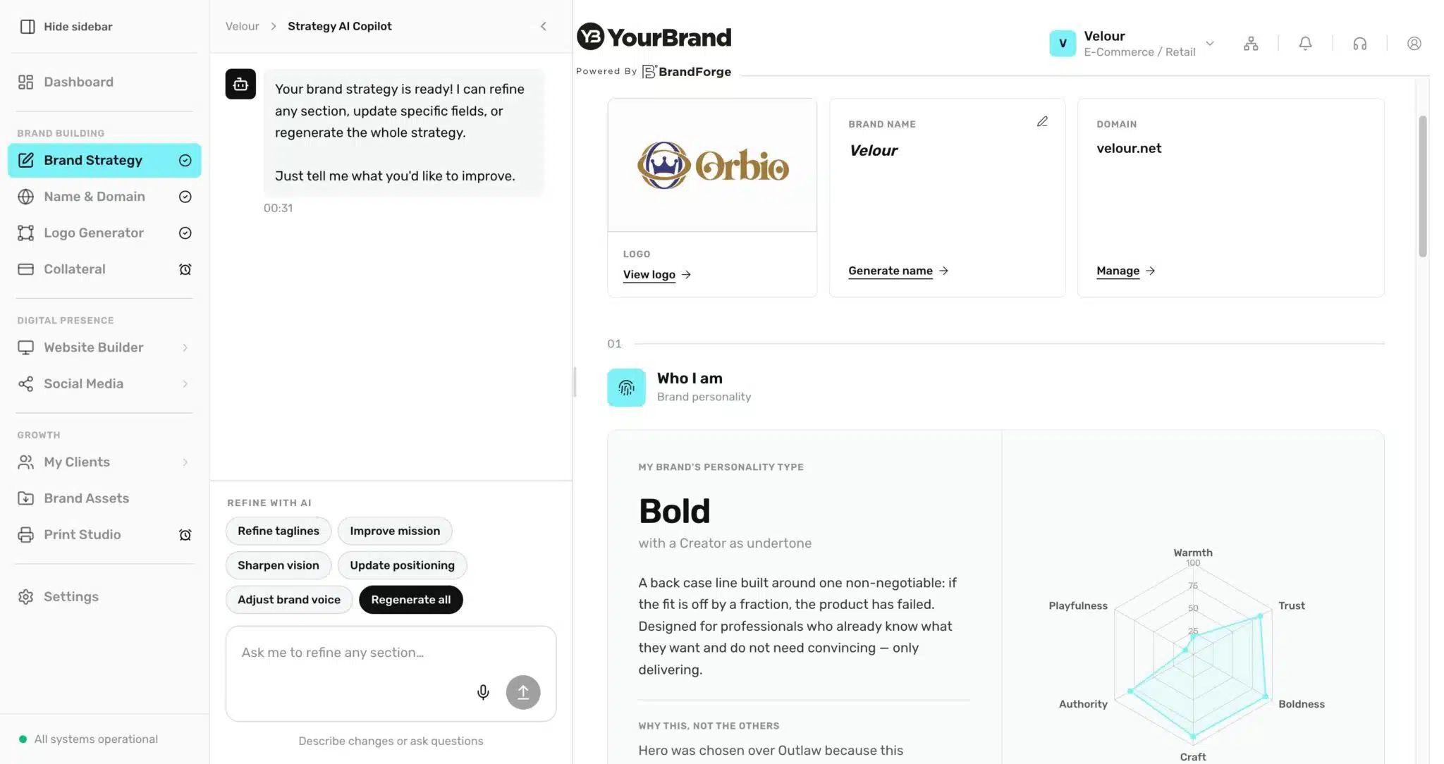 BrandForge Brand DNA panel with personality, audience, tagline, colours, and tone all generated from one prompt