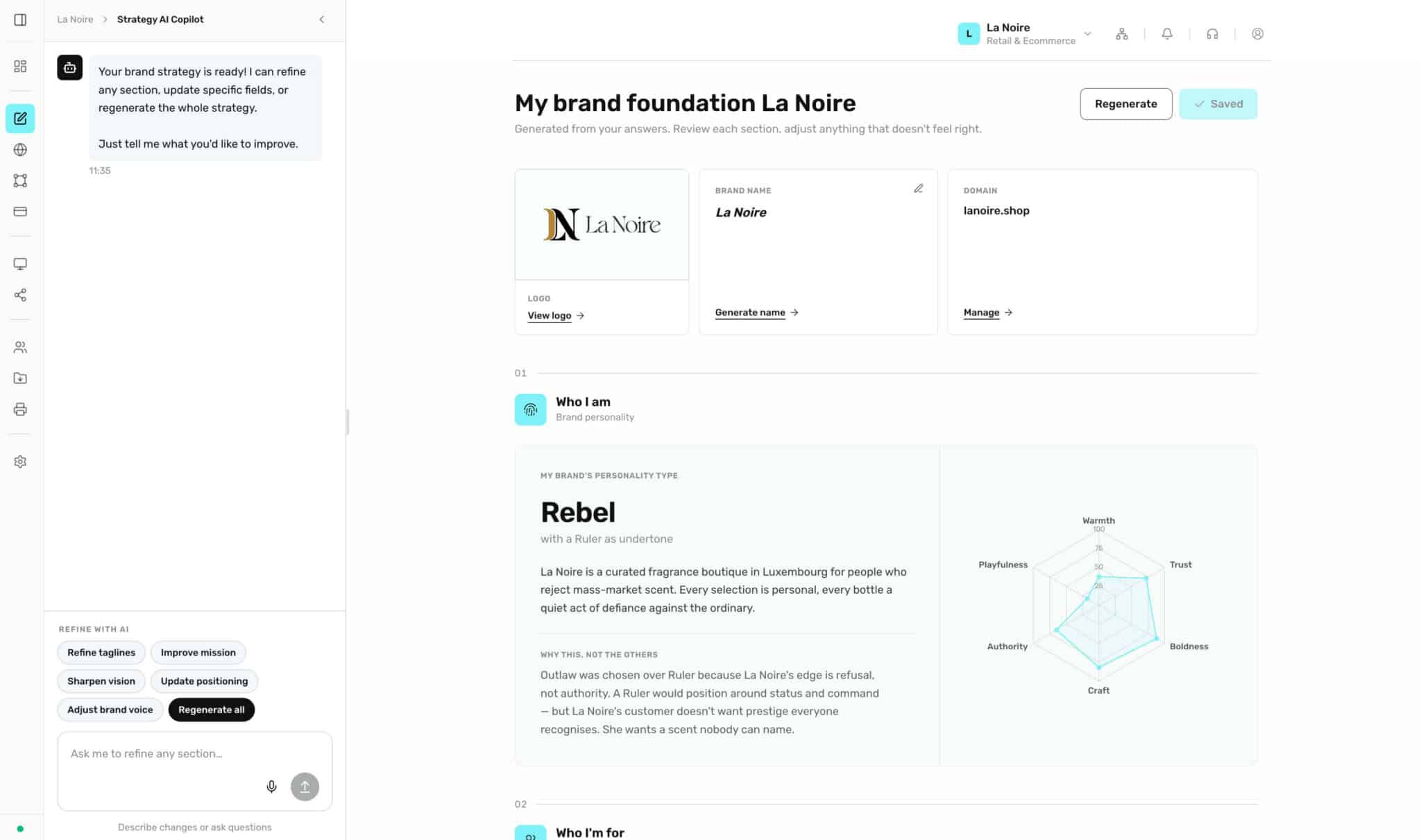 Brand strategy copilot showing a Rebel archetype with personality radar