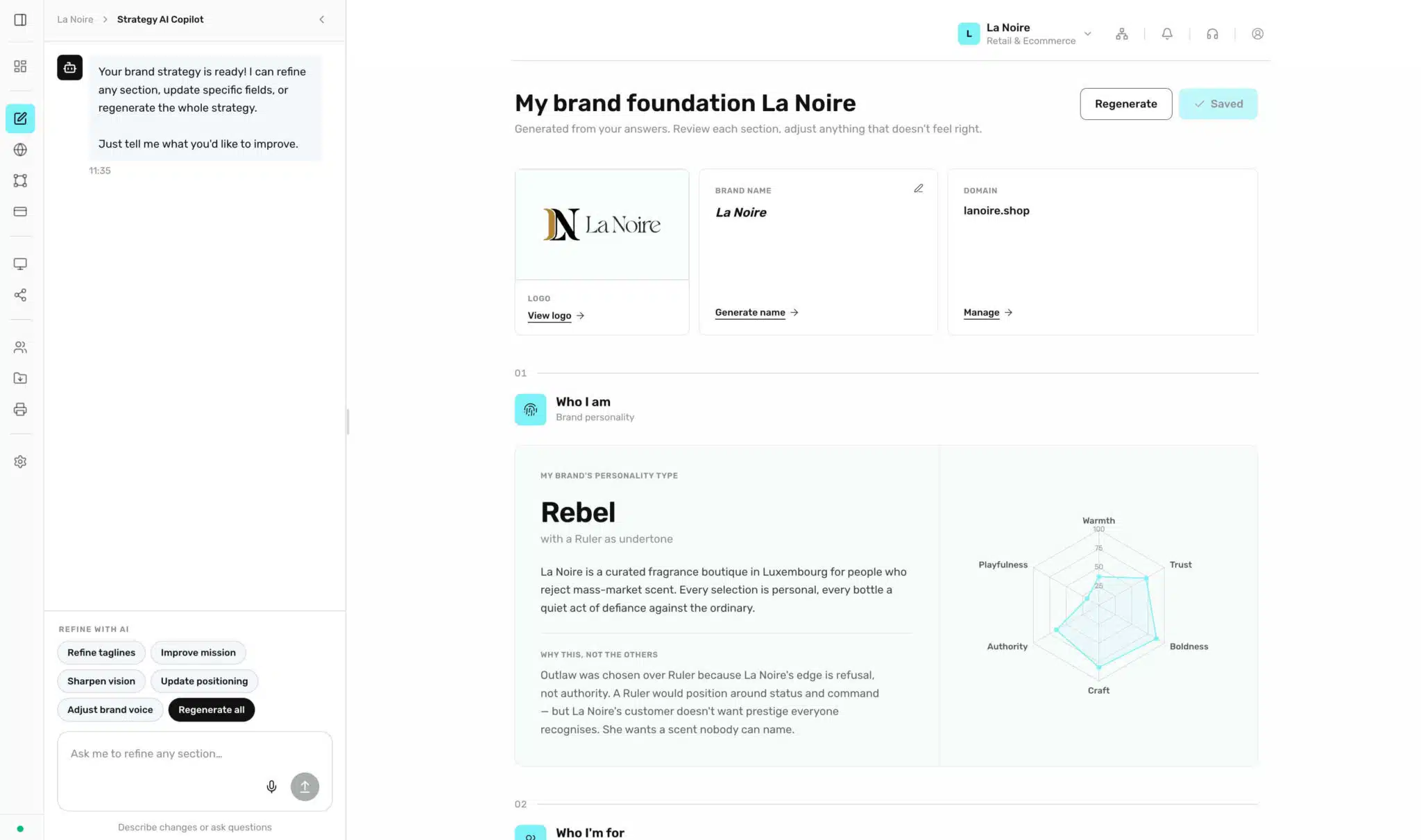 BrandForge Strategy AI Copilot generating a brand foundation, personality type and positioning
