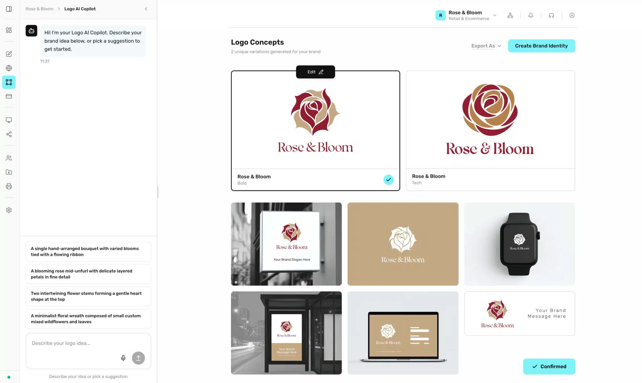 The BrandForge logo copilot running white-label, generating brand concepts and mockups under a partner's own logo