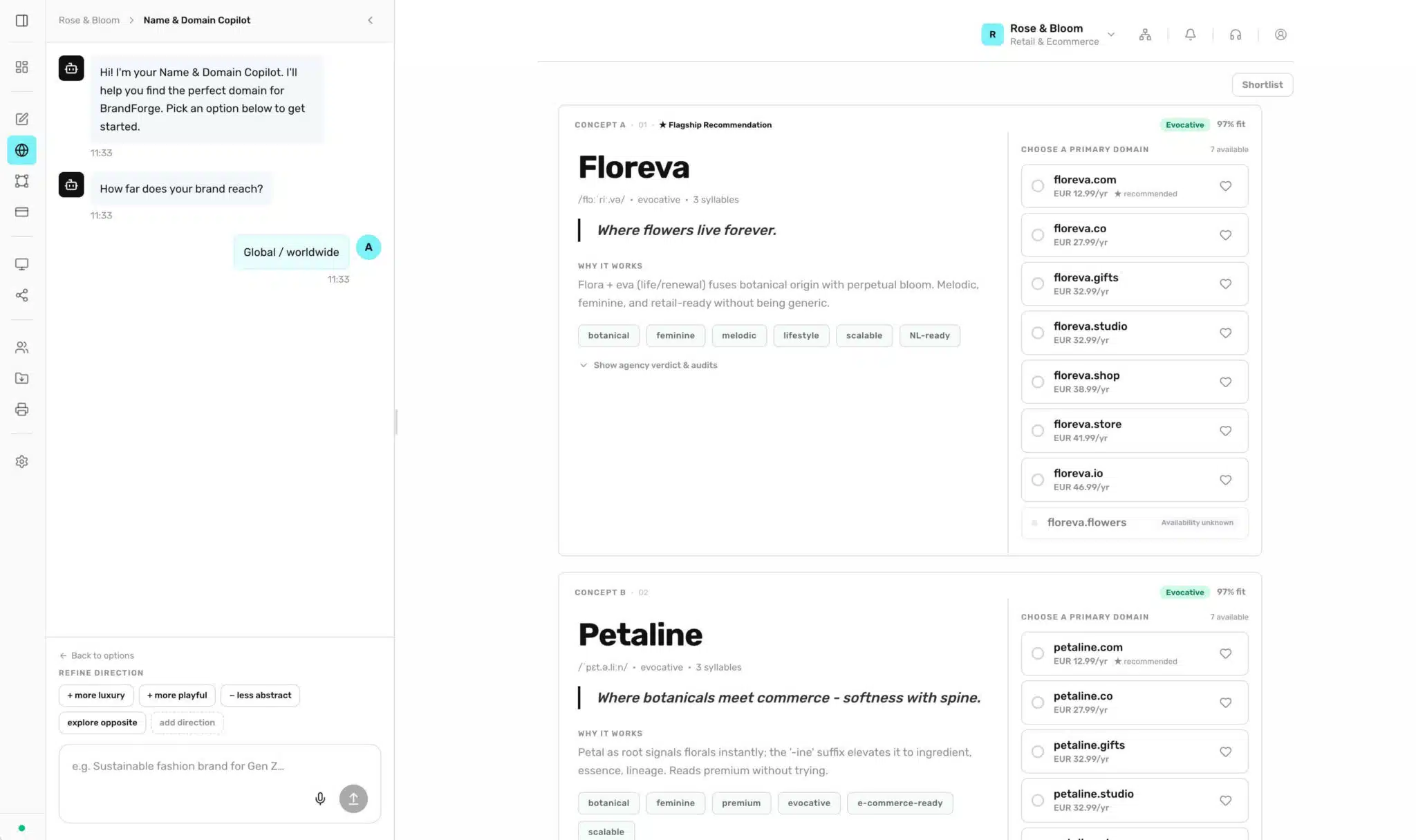 BrandForge Name and Domain Copilot showing a name concept beside live domain availability and pricing