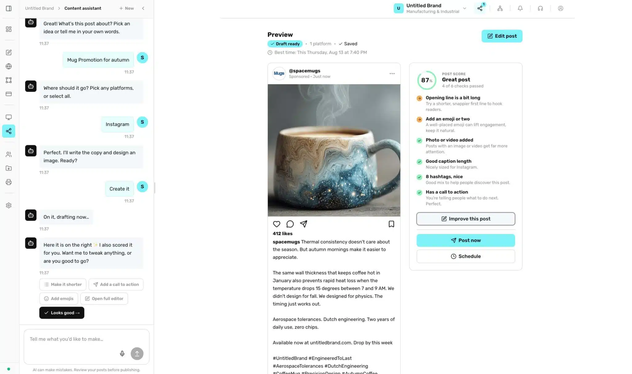 BrandForge content assistant drafting and scoring a social post