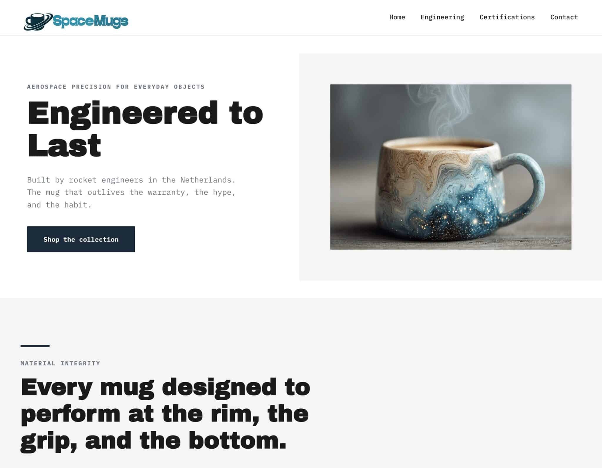 Generated brand website with inline copy editor open on a section